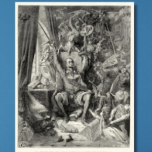May include: Black and white framed print of a detailed illustration depicting a seated figure surrounded by other figures. The artwork is a historical engraving, likely from a book or publication, showcasing a complex scene.