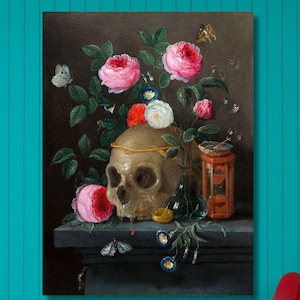 Jan van Kessel el Viejo: Naturaleza muerta con vanitas (c.1665–1670) Lienzo decorativo para pared/Pintura de flores de colores/Impresión de alta calidad para regalo/Póster de calavera/1