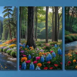 Set Of 3 Enchanting Forest And Colorful Flowers Canvas/Magical Nature Scene/Vibrant Blooms/Whimsical Garden Art/Botanical Wall Decor Gift/15