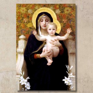 William Adolphe Bouguereau: Madonna z liliami (1899) Sztuka ścienna na płótnie/Plakat reprodukcyjny/Wydruk realistyczny/Obraz w ramie lub na płótnie/4