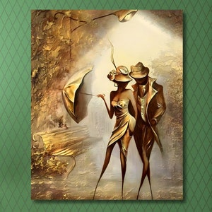 Golden Umbrella and a Couple Canvas Wall Art/Gold Umbrella Painting/Umbrella Poster/Lovers Print Art/Golden View Artwork/Modern Wall Decor