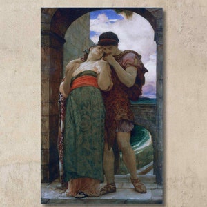Puede incluir: Una pintura de una pareja abrazándose bajo un arco. La mujer lleva un vestido verde con una faja roja y el hombre lleva una túnica marrón. La pintura está ambientada en un fondo de cielo azul y una ciudad lejana.