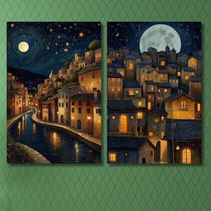 Set Of 2 Gustav Klimt Canvas Wall Art, Klimt Exhibition Poster, Gustav Klimt Painting, Village Night, Klimt Moon Stars Tree, Klimt Artwork