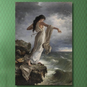 以下が含まれることがあります： 嵐の海を見下ろす岩だらけの崖の上に立っている女性の絵。女性は白いドレスを着て、長い黒髪をしています。海は荒れ狂い、空は暗く嵐です。