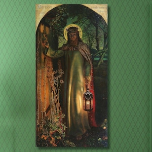 May include: A painting depicting a man in a white robe holding a lantern, standing in a woodland setting. The man is wearing a crown of thorns and has a beard. The painting has a dark green background.