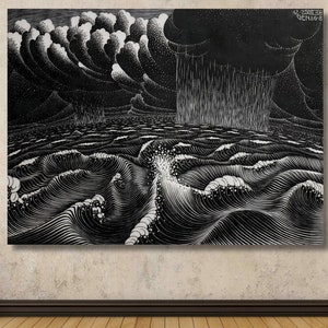 以下が含まれることがあります： 波が砕け、暗い雲から雨が降る嵐の海の白黒のイラスト。アートワークは額装され、壁に掛けられています。