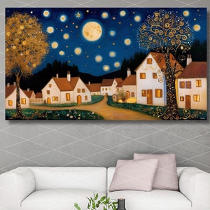 Gustav Klimt Canvas Wall Art, Flowers Exhibition Poster, Gustav Klimt Painting, Village Night, Moon Stars Print, Gold Modern Artwork Gift 29