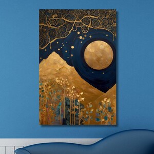Gustav Klimt Canvas Wall Art, Flowers Exhibition Poster, Gustav Klimt Painting, Village Night, Moon Stars Print, Gold Modern Artwork Gift 12