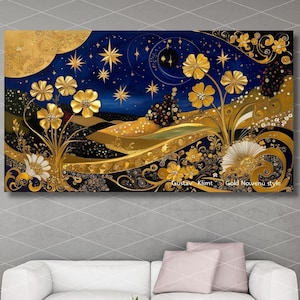 Gustav Klimt Canvas Wall Art, Flowers Exhibition Poster, Gustav Klimt Painting, Village Night, Moon Stars Print, Gold Modern Artwork Gift 16