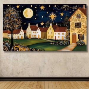 Gustav Klimt Canvas Wall Art, Flowers Exhibition Poster, Gustav Klimt Painting, Village Night, Moon Stars Print, Gold Modern Artwork Gift 26