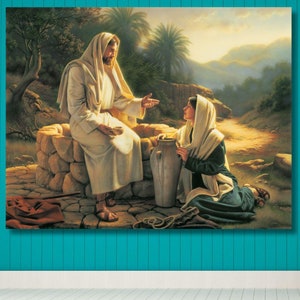 Jezus praat met een Samaritaanse vrouw bij de bron/Jezus canvas decor/Jezus muurkunst/christelijk kunstwerk/Jezus schilderij/christelijke poster kunst aan de muur