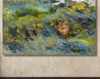 Bruno Liljefors: Katze auf der blühenden Sommerwiese (1919) Leinwand Kunst/Tiere Poster/Gerahmte Wandkunst/Katzenmalerei/Katzen Druck Geschenk/3