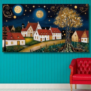 Gustav Klimt Canvas Wall Art, Flowers Exhibition Poster, Gustav Klimt Painting, Village Night, Moon Stars Print, Gold Modern Artwork Gift 28