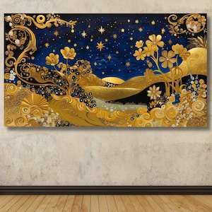 Gustav Klimt Canvas Wall Art, Flowers Exhibition Poster, Gustav Klimt Painting, Village Night, Moon Stars Print, Gold Modern Artwork Gift 15