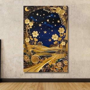 Gustav Klimt Canvas Wall Art, Flowers Exhibition Poster, Gustav Klimt Painting, Village Night, Moon Stars Print, Gold Modern Artwork Gift 11