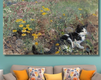 Bruno Liljefors: Katze auf der Blumenwiese (1887) Leinwand Kunst/Tiere Poster/Gerahmte Wandkunst/Katzenmalerei/Katzen-Druck Poster Geschenk/4
