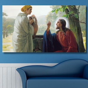 Jezus praat met een Samaritaanse vrouw bij de bron/Jezus canvas decor/Jezus muurkunst/christelijk kunstwerk/Jezus schilderij/christelijke poster kunst aan de muur