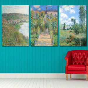 Set of 3 Claude Monet: Path to St. Martin (1860)-Monet&#39;s garden at Vétheuil (1880)-View of Vétheuil (1880) Canvas Wall Art/Monet Painting