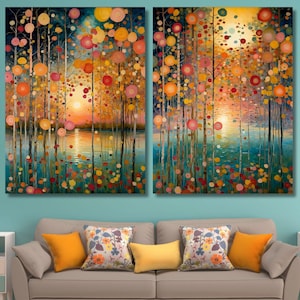 Juego de 2 lienzos de arte de pared con motivos florales y solares, póster de exposición de Klimt, pintura solar, póster de noche de luna de Klimt, jardín de flores, decoración de arte de pared moderno 16