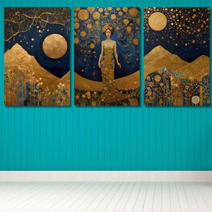 Set Of 3 Gustav Klimt Canvas Wall Art, Klimt Exhibition Poster, Gustav Klimt Painting, Village Night, Klimt Moon Stars Tree, Woman Artwork 2