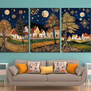 Set Of 3 Gustav Klimt Canvas Wall Art, Klimt Exhibition Poster, Gustav Klimt Painting, Village Night, Klimt Moon Stars Tree, Klimt Artwork 4