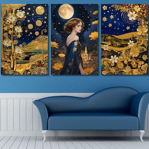 Set Of 3 Gustav Klimt Canvas Wall Art, Klimt Exhibition Poster, Gustav Klimt Painting, Village Night, Klimt Moon Stars Tree, Woman Artwork 3