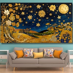 Gustav Klimt Canvas Wall Art, Flowers Exhibition Poster, Gustav Klimt Painting, Village Night, Moon Stars Print, Gold Modern Artwork Gift 17