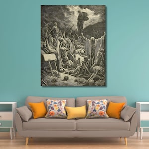 May include: A rectangular wall art print featuring a detailed black and white engraving of a scene with numerous skeletal figures rising from the ground, with a central figure standing above them against a cloudy, dark sky background.