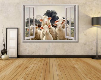 Cuadro de pared con vista a ventana abierta / Pintura de ovejas y vacas / Estampado de animales / Póster artístico / Lámina decorativa de ovejas para pared / Lámina de ovejas y corderos 5