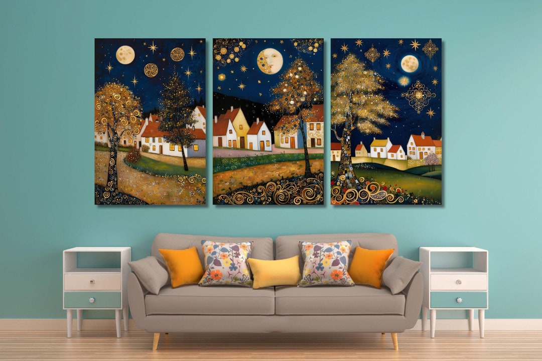 Set of 3 Gustav Klimt Canvas Wall Art, Klimt Exhibition Poster, Gustav ... - Gustav Klimt Mosaic Cityscape Canvas Sunset Reflection Wall Art