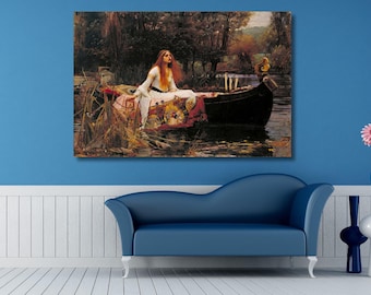 May include: A rectangular wall art print featuring a painting of a person with long reddish hair wearing a white dress, sitting in a dark boat on a river surrounded by trees and reeds. The artwork displays a scene with dark, earthy tones and highlights.