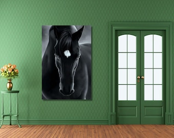 Black Horse Portrait Canvas Wall Art/Horse Canvas Wall Decor/Noble Horse Painting/Horse Poster/Animal Wall Decor/Horse Print Art/Horse Gift