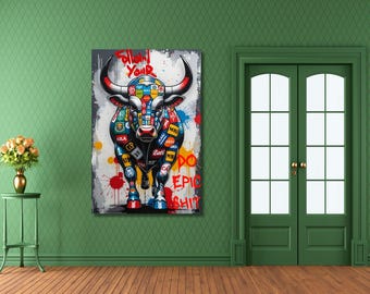 Bold Bull Collage/Banksy Inspired Canvas/Street Art Wall Decor/Urban Graffiti Bull Print/Modern Pop Art/Wall Street Style Artwork Gift/49