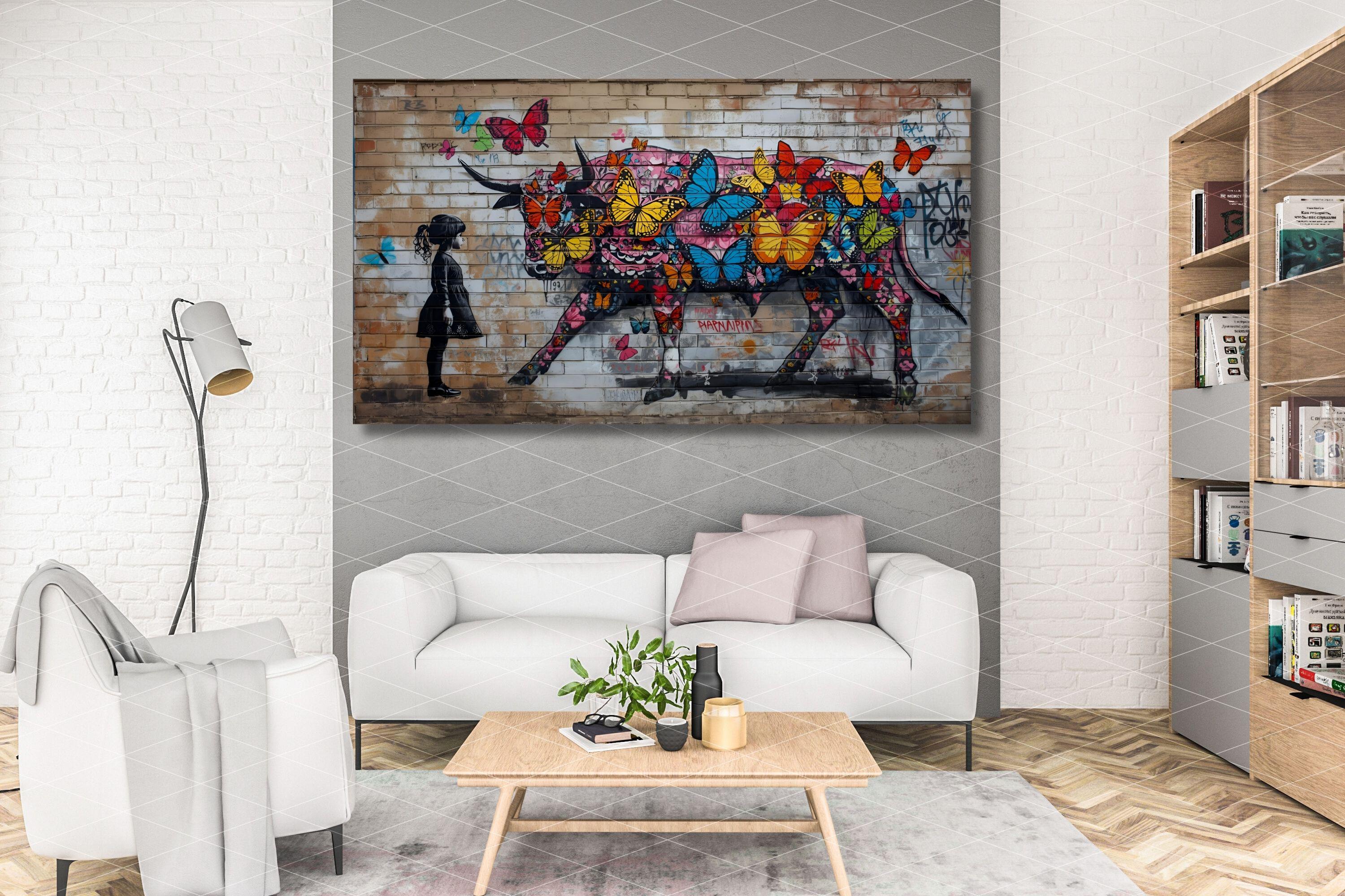 Banksy Girl With Bull and Butterflies Canvas/street Art Graffiti
