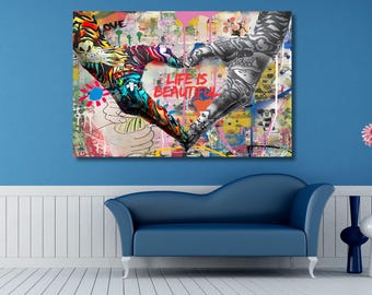 Cuadro de pared con forma de corazón y manos, pintura de grafiti, regalo de Banksy, lámina artística, arte de pared moderno, póster de mariposa, regalo de arte pop de Banksy