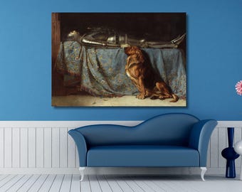 May include: A rectangular wall art print depicting a figure in full metallic armour lying horizontally on a table draped with a blue patterned cloth, while a large brown dog sits attentively beside the table looking toward the armoured figure.