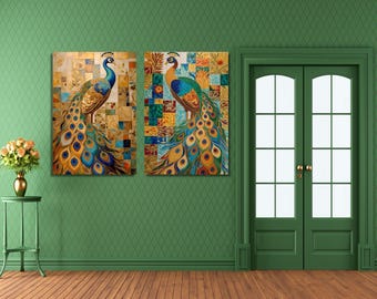 Set of 2 Peacock Colorful Canvas Wall Art/Modern Abstract Bird Painting/Floral Home Decor/Boho Living Room Artwork/Vibrant Animal Print Gift