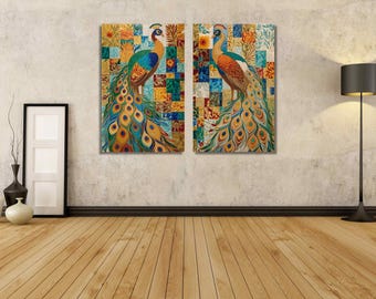 Set of 2 Peacock Colorful Canvas Wall Art/Modern Abstract Bird Painting/Floral Home Decor/Boho Living Room Artwork/Vibrant Animal Print Gift