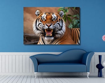 Cuadro de tigre rugiente para pared/Pintura de tigre/Estampado de animales/Póster de animales/Decoración de pared de tigre indio/Cuadro de pared envuelto o enmarcado/Arte de animales salvajes1