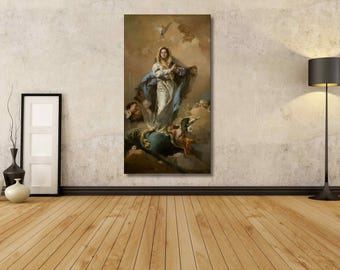 Può includere: Una stampa artistica da parete rettangolare verticale che raffigura una scena religiosa con una figura centrale in veste bianca e mantello blu in piedi su un globo, circondata da nuvole, cherubini e una colomba, in stile pittura a olio classica.