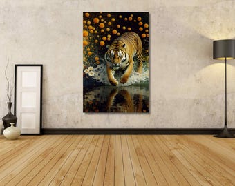 Cuadro de tigre y flores / Pintura de tigre / Estampado de animales / Póster de animales / Decoración de pared de tigre indio / Arte de pared envuelto o enmarcado / Arte de animales salvajes / 3