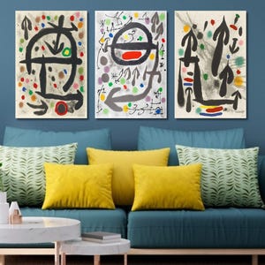 Joan Miro : série Les Perseides, toile / lot de 3 impressions d'art mural moderne abstrait
