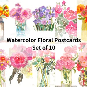Digital Watercolor Floral Postcard Set of 10: Digital Download in PDF, 4.25x5.5 inches, Instant Download, for Happy Mail, Journals and Gifts