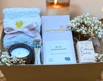 Self Care Gift Box: Lavender Soap, Chocolate, Fuzzy Socks