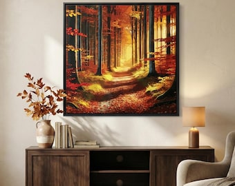 Autumn Forest Path Wall Art, Fall Woodland Landscape Canvas Print