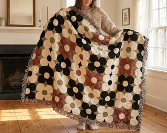 Retro Floral Woven Blanket, Mid Century Boho Throw, Vintage Inspired Home Decor