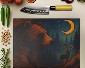 Bear and Deer Tempered Glass Cutting Board, Rustic Cabin Decor