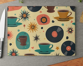 Tabla de cortar de vinilo con diseño retro de café, decoración de cocina moderna de mediados de siglo, para amantes del café con estilo, tabla de cortar de vidrio templado, superficie higiénica y segura.
