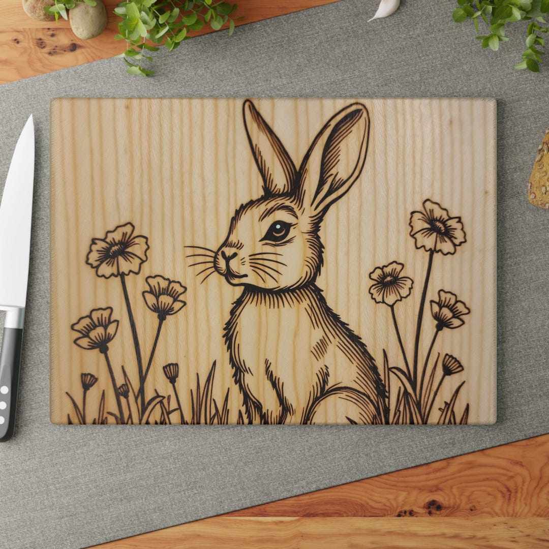 Rustic Rabbit Floral Glass Cutting Board, Tempered Glass Farmhouse ...