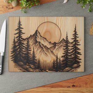 Mountain Scene Glass Cutting Board, Rustic Forest and Sun Engraved Tempered Glass Kitchen board for Cooking, woodland theme Culinary gift